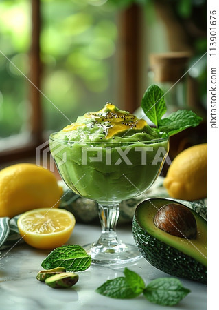 Avocado smoothie with nuts and seeds, garnished and ready to serve. Generated AI. 113901676