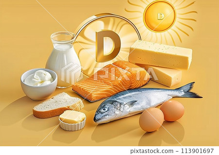 Vitamin D concept with sun icon and foods rich in vitamin D. Generated AI. 113901697