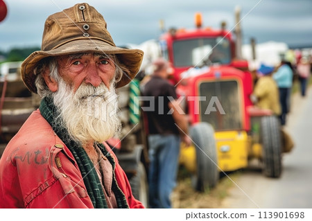 Farmers' protest concept with tractors and smoke in a field. Generated AI. 113901698