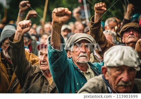 Farmers' protest concept with tractors and smoke in a field. Generated AI. Farmers' protest concept with tractors and smoke in a field. Generated AI. 113901699