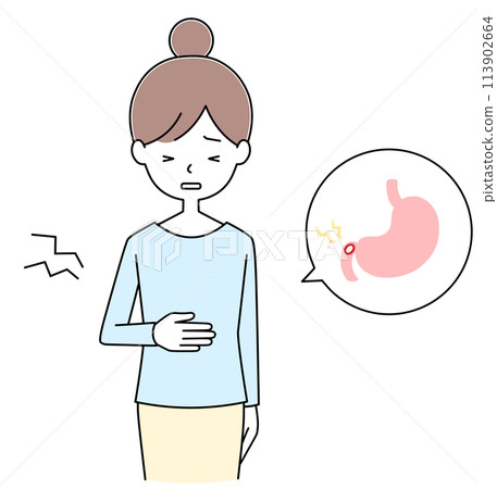 Illustration of a young woman with a duodenal ulcer Illustration of a young woman with a duodenal ulcer 113902664
