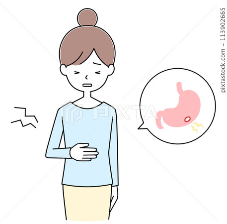 Illustration of a young woman with a stomach ulcer Illustration of a young woman with a stomach ulcer 113902665