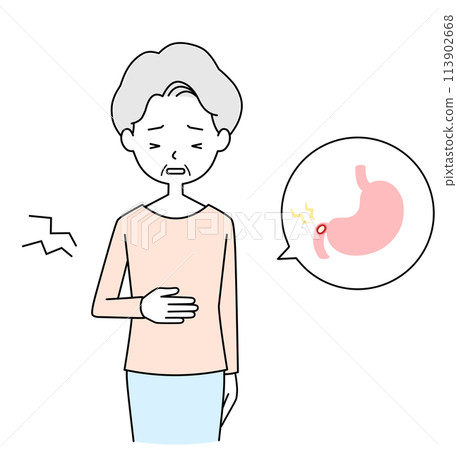 Illustration of a senior woman with a duodenal ulcer Illustration of a senior woman with a duodenal ulcer 113902668