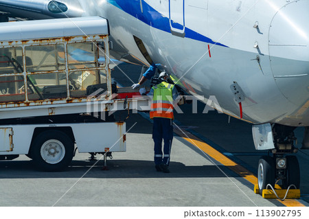 沖繩縣，宮古島市，度假島，暑假，飛機，宮古機場，早上，雲，全日空，托運行李，貨物 113902795