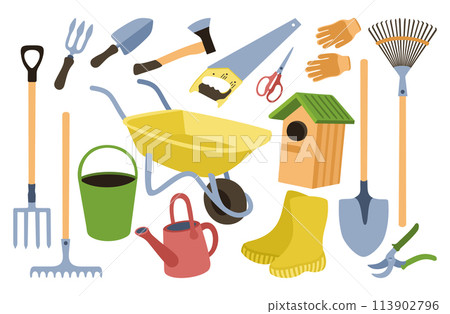Gardening. Vector set of gardening equipment and vegetable garden care. 113902796