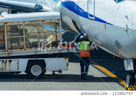 沖繩縣，宮古島市，度假島，暑假，飛機，宮古機場，早上，雲，全日空，托運行李，貨物 113902797