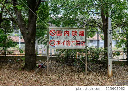 禁止吸煙標誌、禁止亂丟垃圾標誌、荒涼的城市公園、樹木茂密的綠道公園。 禁止吸煙標誌、禁止亂丟垃圾標誌、荒涼的城市公園、樹木茂密的綠道公園。 113903062