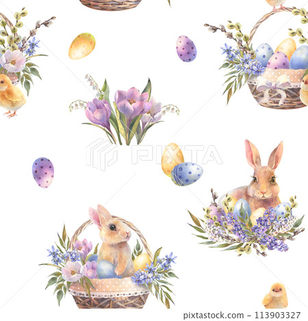 Watercolor seaemless pattern with bunny, easter rabbit in floral basket with colorful eggs, spring bunny, cute fluffy pet, farmhouse animal illustration. Vintage style. 113903327