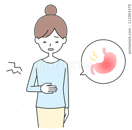 Illustration of a young woman having a stomach ache 113903379