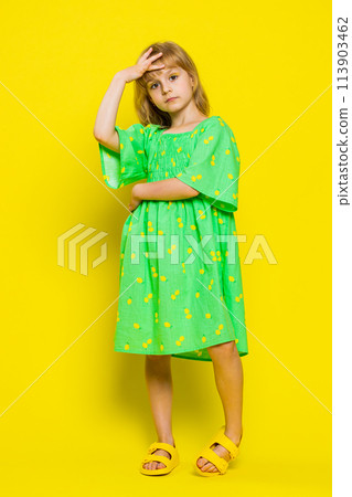 Upset child girl kid making face palm gesture, feeling bored, disappointed in result, bad news 113903462
