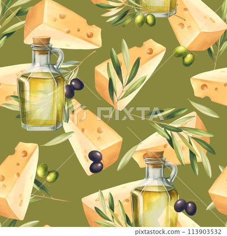 Seamless pattern with brunch of olives and cheese. Food background Seamless pattern with brunch of olives and cheese. Food background 113903532