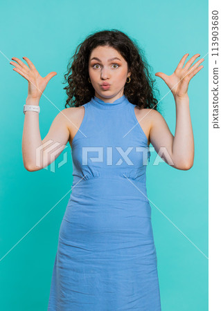 Excited amazed woman showing head explosion, looking worried shocked surprised girl, wow idea eureka Excited amazed woman showing head explosion, looking worried shocked surprised girl, wow idea eureka 113903680