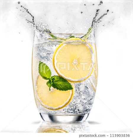 Lemonade with slices of lemon mint leaves and ice cubes swirling in a glass with -1 Lemonade with slices of lemon mint leaves and ice cubes swirling in a glass with -1 113903836