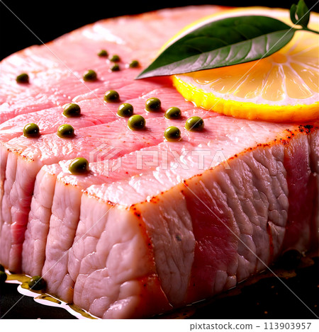 Halibut steak thick white steak olive oil drizzling Food and Culinary concept 113903957