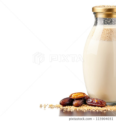 Sesame milk in a glass jar served with a side of fresh dates and a 113904031