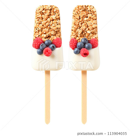 Breakfast popsicles with layers of yogurt granola and fresh berries frozen into a refreshing treat 113904035