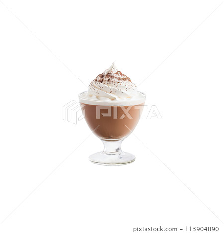 Teff milk chocolate mousse in a glass cup topped with a dollop of whipped cream 113904090