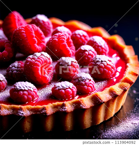Raspberry almond tart crimson berries nestled in frangipane powdered sugar dusting Food and Culinary concept 113904092