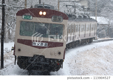 Chichibu Railway 1000 series train (azuki bean color: former JNR 101 series) traveling through the winter forest 113904527