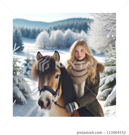 雪景和年輕的金髮女子騎馬正面插圖生成 AIAI 113904552