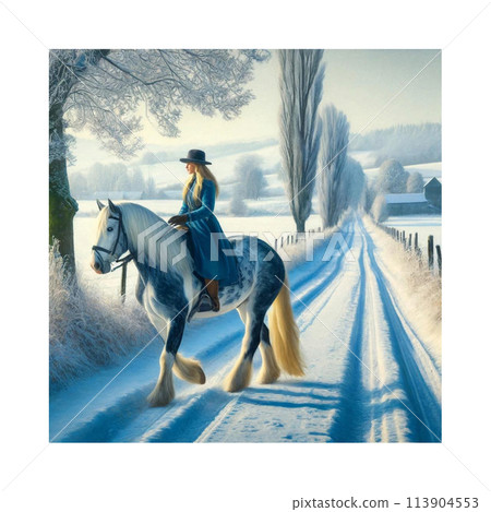 一個穿著藍色外套的女人騎著蘆葦馬在回家的路上。 113904553
