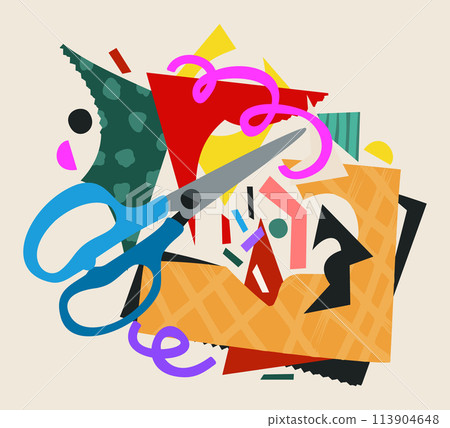 DIY. Do it youself. Sciccors and colorful cutted sheets of paper. Vector bright illustration. 113904648