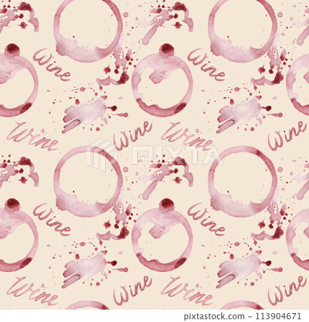 Watercolor abstract wine stains and words lettering seamless pattern . Hand drawn background with stains, glass marks, blots and splashes on beige background. 113904671