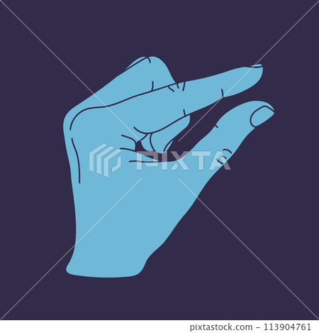 Measuring hand isolated on blue background. Human hand showing size gesture. Hand showing small amount. Vector illustration 113904761