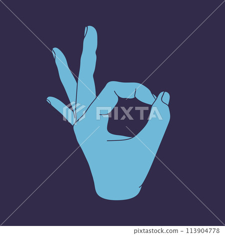 Hand with OK gesture sign isolated on blue background. Hand drawn vector illustration 113904778