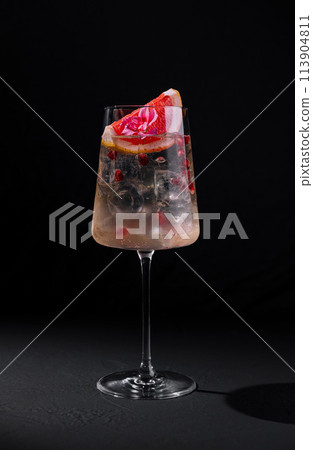 Elegant cocktail with citrus garnish on dark background Elegant cocktail with citrus garnish on dark background 113904811