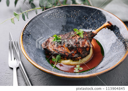 Gourmet duck confit on elegant plate Gourmet duck confit on elegant plate 113904845