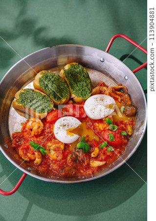 Rustic shakshuka with poached eggs and pesto Rustic shakshuka with poached eggs and pesto 113904881