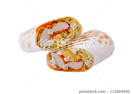 Chicken wrap sandwich cut in half isolated on white Chicken wrap sandwich cut in half isolated on white 113904890