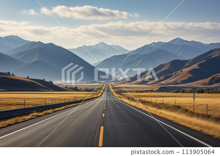 Mountain asphalt road leading to distant places without people or cars 113905064