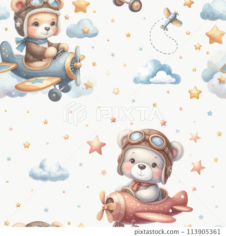 Watercolor teddy bears fly in planes in a seamless art pattern. 113905361