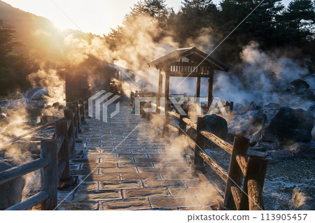 Silhouette landscape of Unzen Hell Jigoku at sunset, Nagasaki Silhouette landscape of Unzen Hell Jigoku at sunset, Nagasaki 113905457