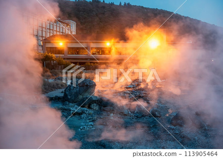 Mount Unzen Hell valley Jigoku and hotel at night, Nagasaki Mount Unzen Hell valley Jigoku and hotel at night, Nagasaki 113905464