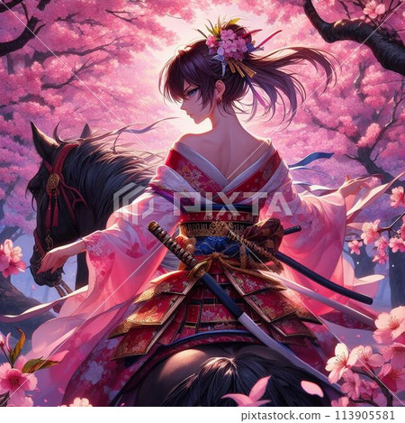 穿著破舊和服騎馬的美麗女劍客 113905581