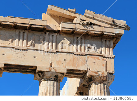 Architecture detail of ancient temple in Acropolis, Greece. Architecture detail of ancient temple in Acropolis, Greece. 113905593