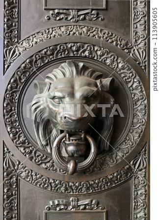 A classic door knocker in the shape of a lion. A classic door knocker in the shape of a lion. 113905605