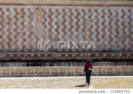 Famous mediaeval Fountain of 99 Spouts in ithe old town of L'Aquila, Italy 113905743