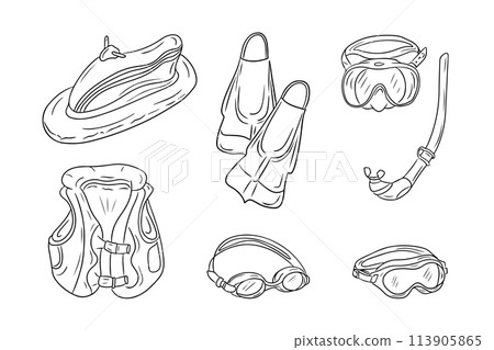 Set of scuba diving elements in doodle style. Clip art of things for summer vacation. Monochrome Vector outline illustration isolated on white background 113905865