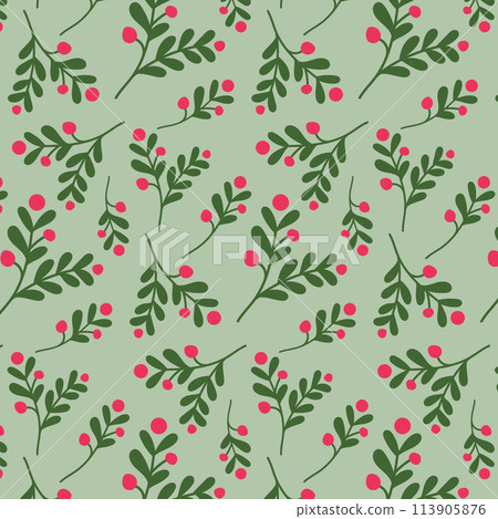Seamless pattern with floral branches with berries. Trendy botanical print design for textile or wallpaper. Summer botanical concept. Vector hand drawn plants on green background 113905876