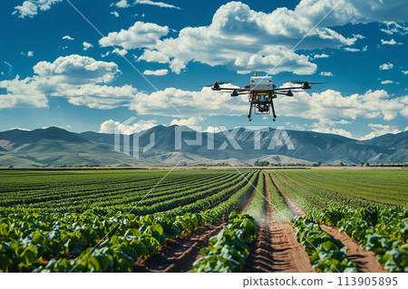 Drone flying over the field 113905895