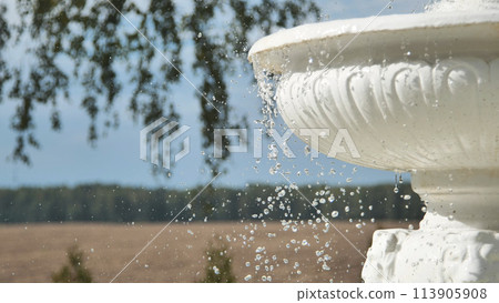 Decorative white fountain against a background of nature. Decorative white fountain against a background of nature. 113905908