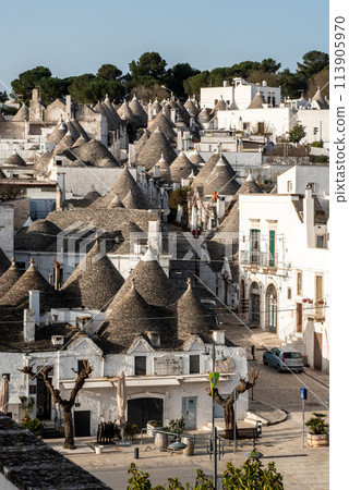 Scenic cityscape of downtown Alberobello with its famous Trulli buildings, Italy Scenic cityscape of downtown Alberobello with its famous Trulli buildings, Italy 113905970