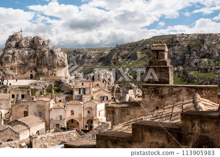 View of historic cavern basilica San Pietro in Monte Errone in historic downtown Matera, Italy View of historic cavern basilica San Pietro in Monte Errone in historic downtown Matera, Italy 113905983