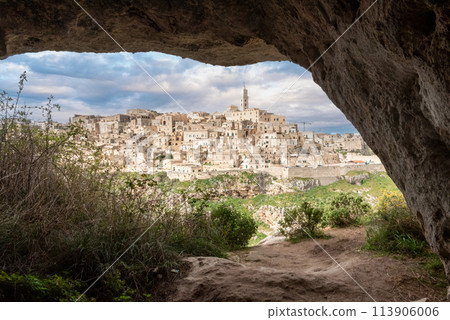 Scenic view of historic downtown with its cathedral, photo taken from a cave house, Southern Italy Scenic view of historic downtown with its cathedral, photo taken from a cave house, Southern Italy 113906006