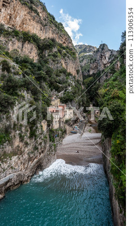 Beautiful traditional fishermens houses in the Fjord of Furry at the Amalfi Coast, Italy Beautiful traditional fishermens houses in the Fjord of Furry at the Amalfi Coast, Italy 113906354