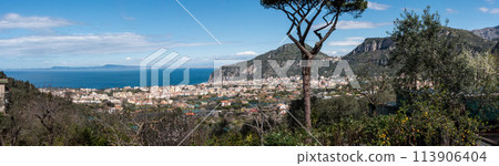 Panoramic view of the Gulf of Naples and the city of Vico Equense in front, Italy 113906404